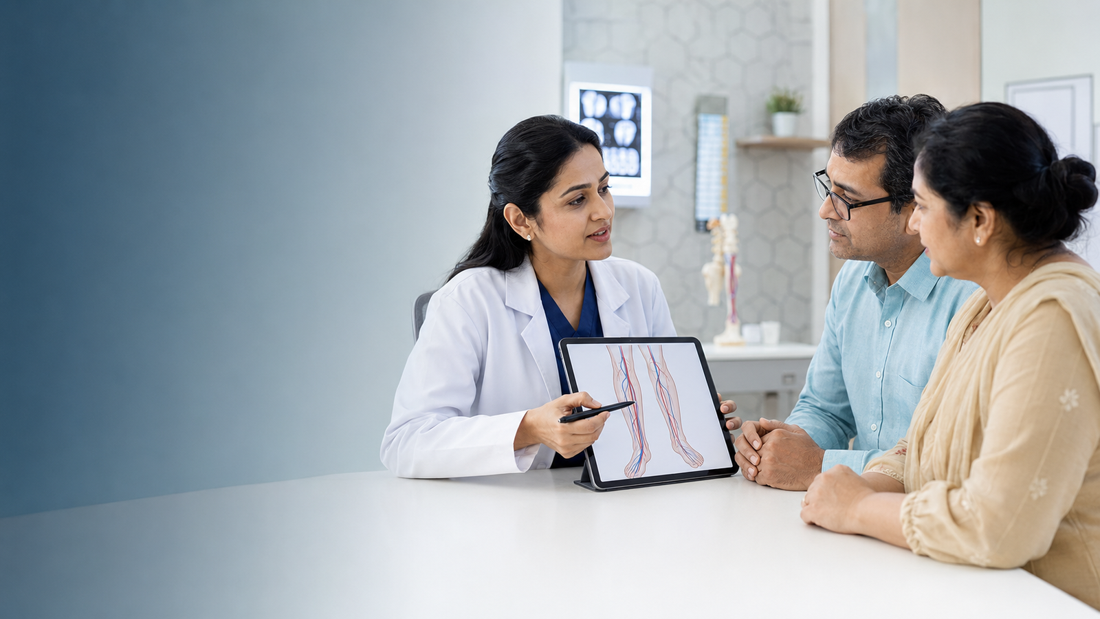 Vascular specialist explaining leg circulation to a patient and family member