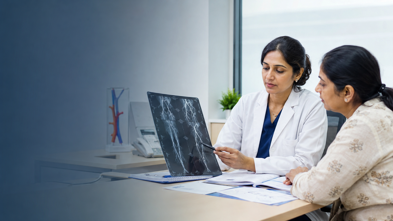 Vascular specialist reviewing angiography images and reports with a patient